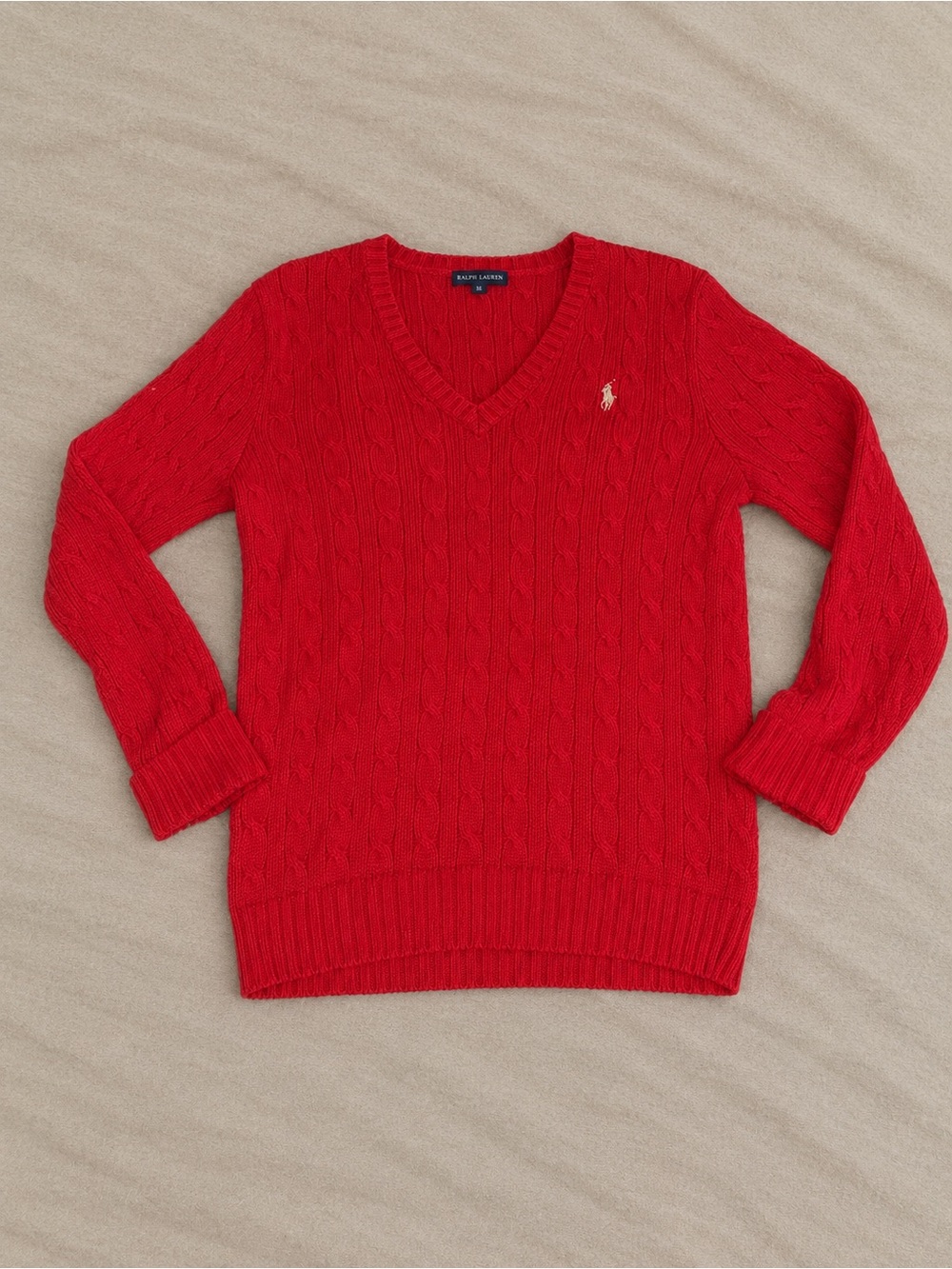 Ralph Lauren Bright Red V-Neck Cable Knit Sweater